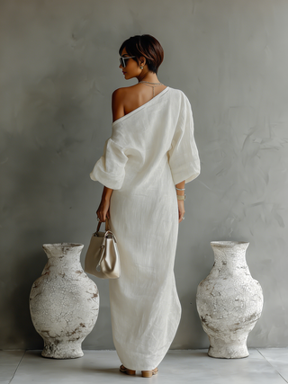 Agnès | Robe Maxi Lin Épaules Nues Fluide