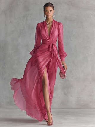 Amélie | Robe Chiffon Perlé Col V Rose