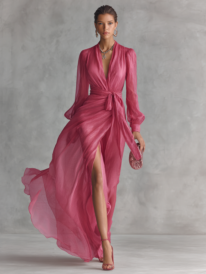 Amélie | Robe Chiffon Perlé Col V Rose