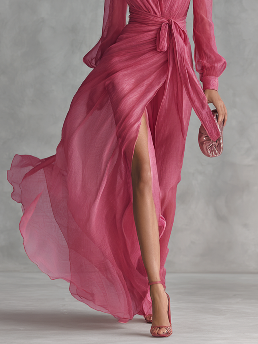 Amélie | Robe Chiffon Perlé Col V Rose