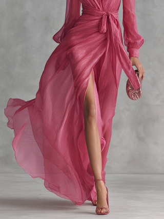 Amélie | Robe Chiffon Perlé Col V Rose
