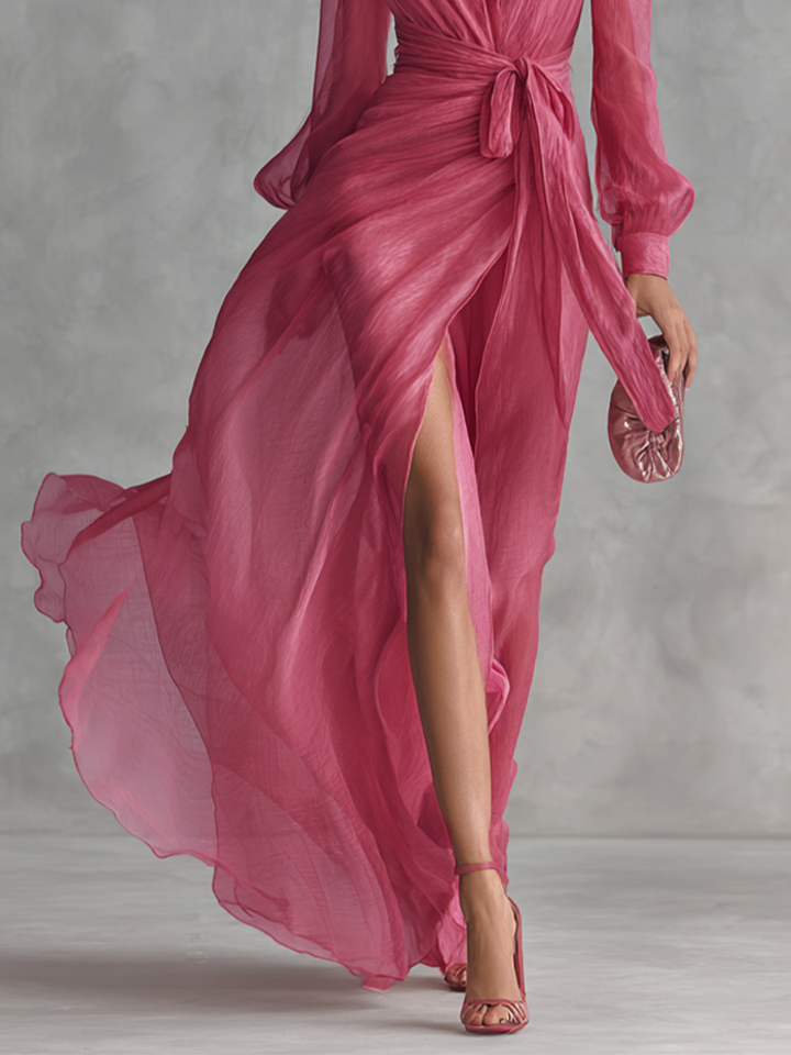 Amélie | Robe Chiffon Perlé Col V Rose