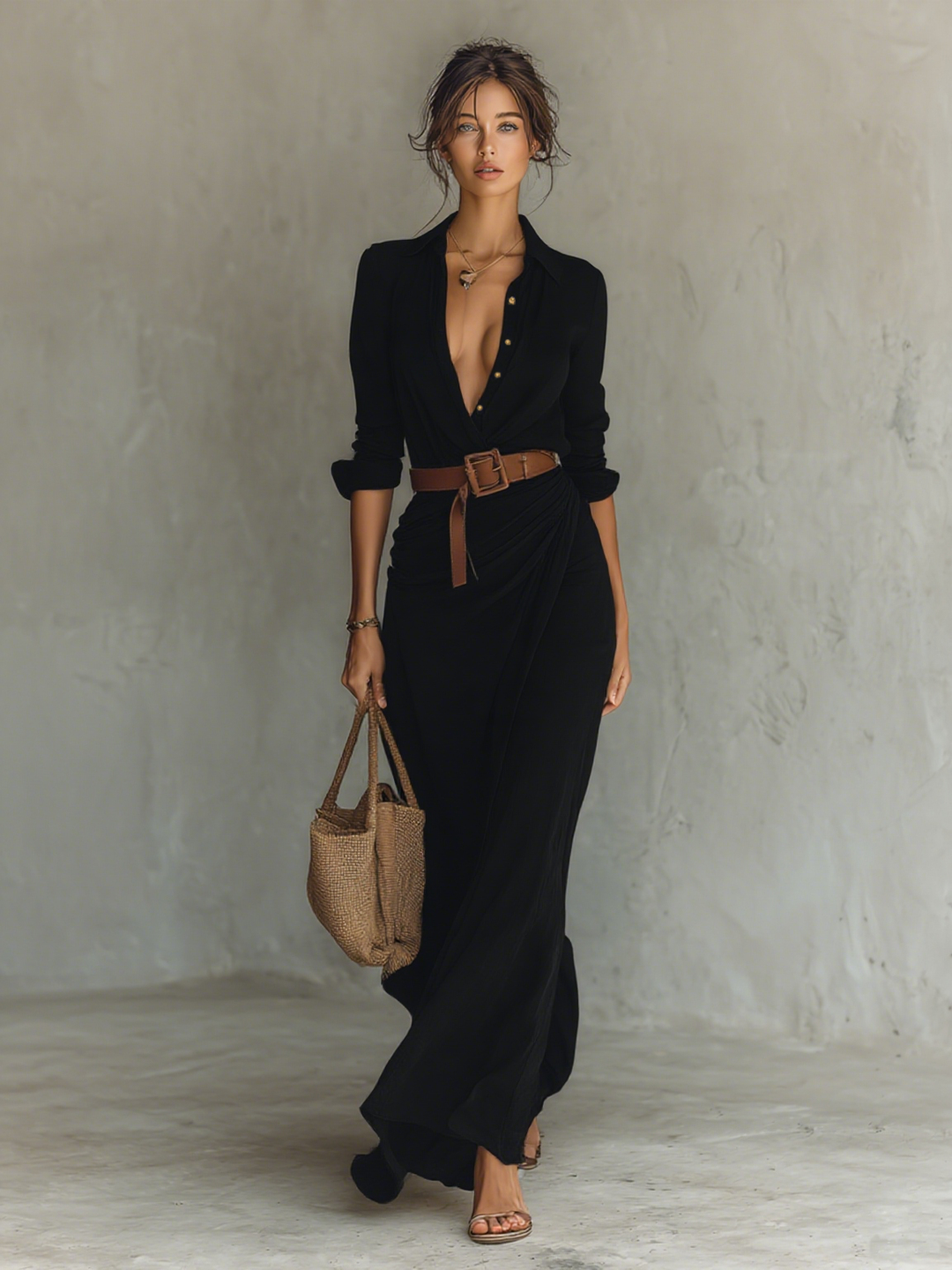 Géraldine | Robe Maxi Col Revers Ceinturée