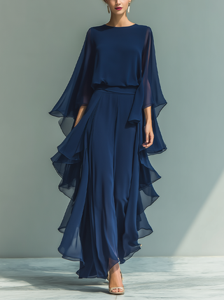 Ghislaine | Ensemble Chiffon Bleu Marine à Volants