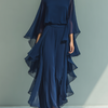 Ghislaine | Ensemble Chiffon Bleu Marine à Volants