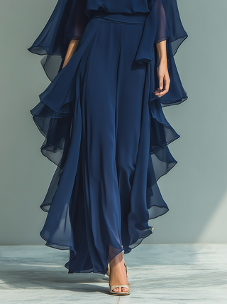 Ghislaine | Ensemble Chiffon Bleu Marine à Volants