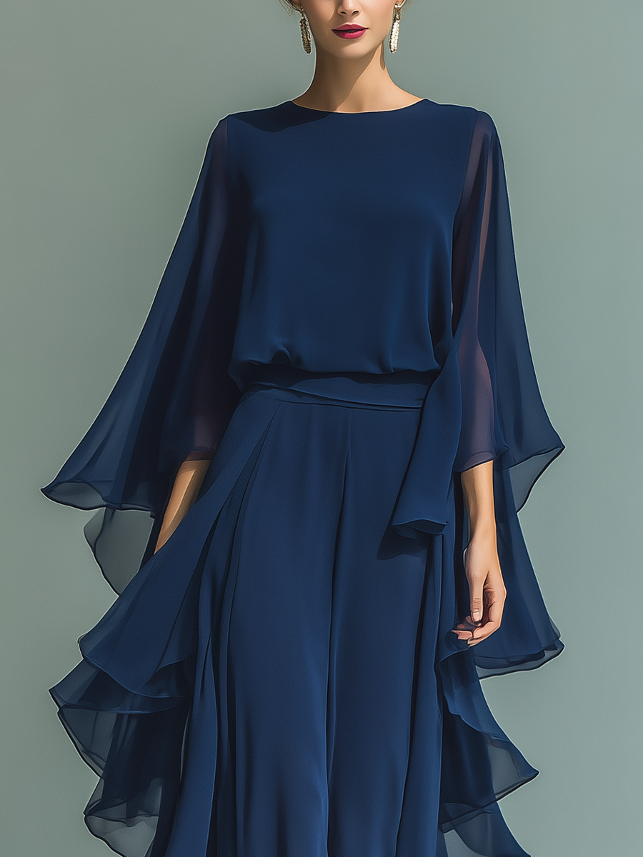 Ghislaine | Ensemble Chiffon Bleu Marine à Volants