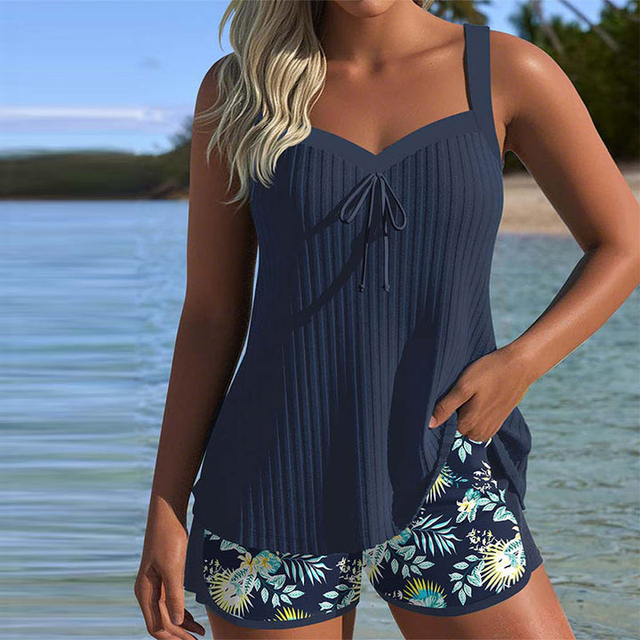 Céleste | Ensemble Tankini Rayé avec Short de Plage