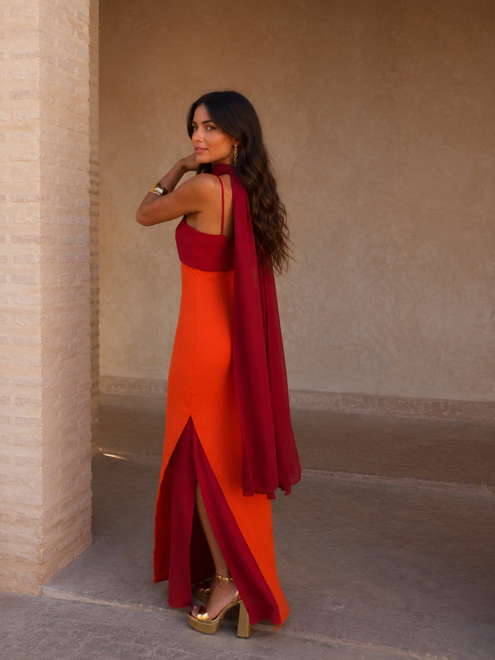 Robe longue drapée bicolore