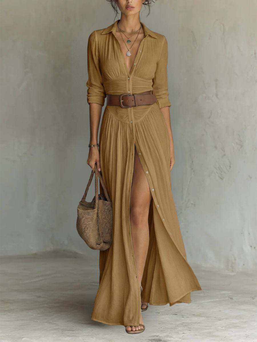 Andrée | Robe Maxi Lin Manches Longues Col Revers