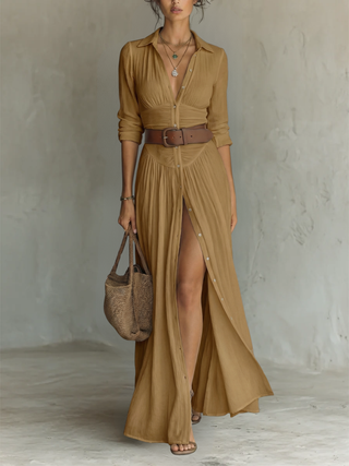 Andrée | Robe Maxi Lin Manches Longues Col Revers