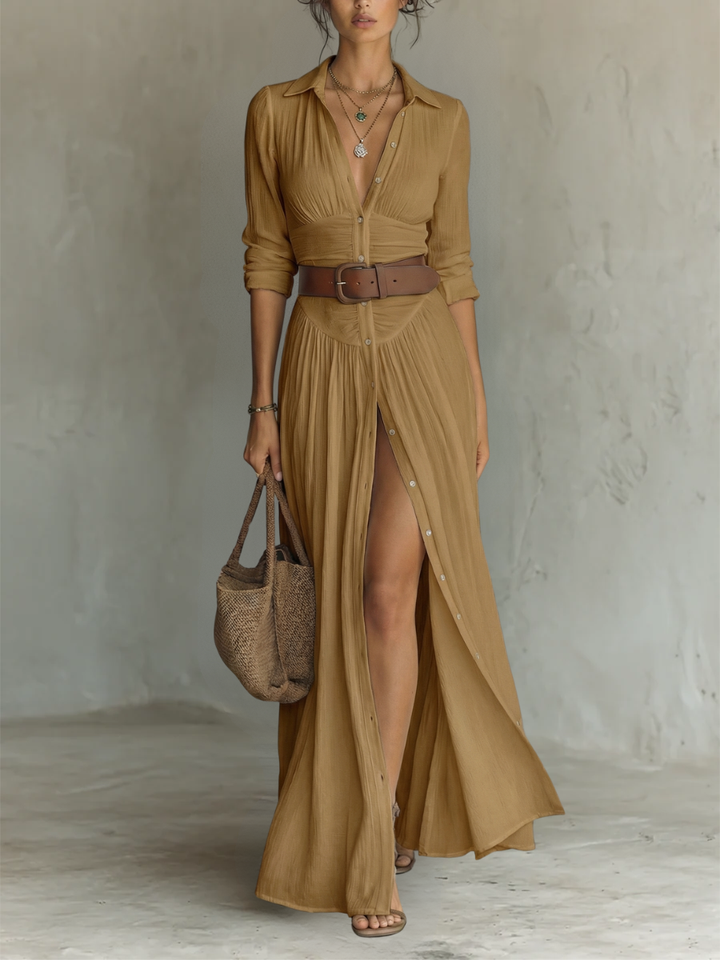Andrée | Robe Maxi Lin Manches Longues Col Revers