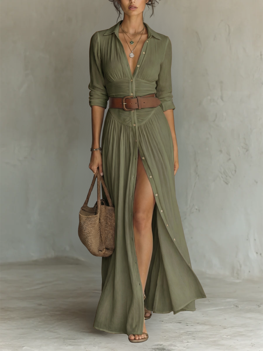 Andrée | Robe Maxi Lin Manches Longues Col Revers