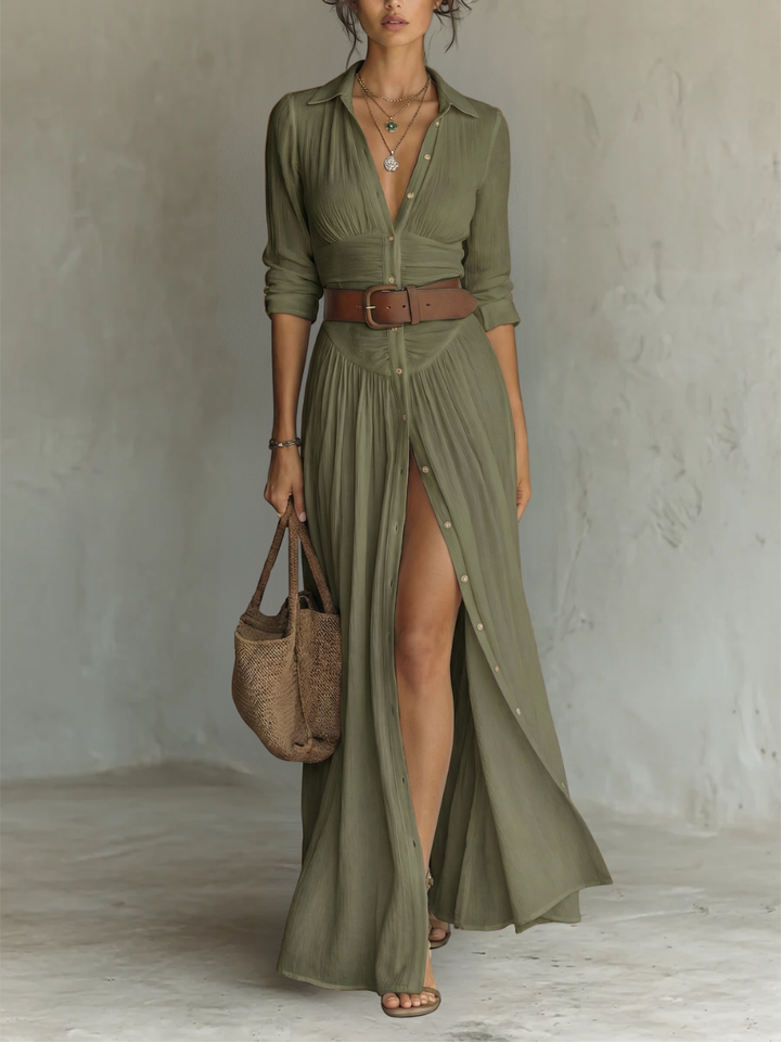 Andrée | Robe Maxi Lin Manches Longues Col Revers