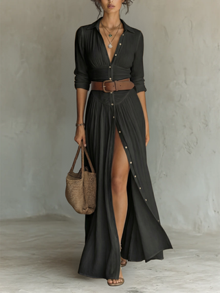 Andrée | Robe Maxi Lin Manches Longues Col Revers