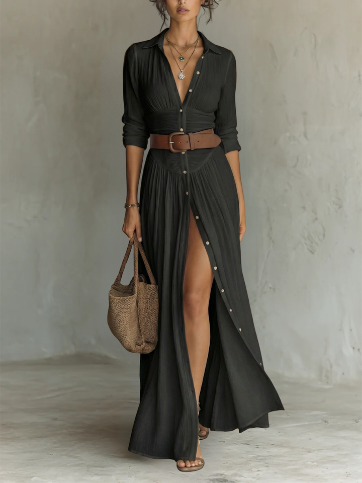 Andrée | Robe Maxi Lin Manches Longues Col Revers
