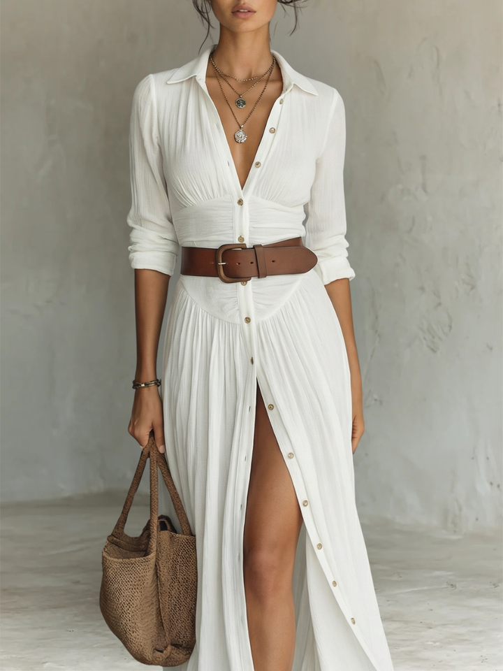 Andrée | Robe Maxi Lin Manches Longues Col Revers