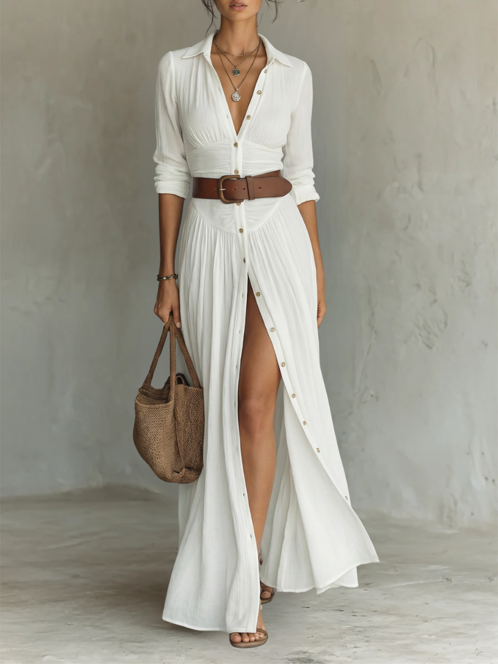 Monique | Robe Maxi Lin Plissée Col Revers