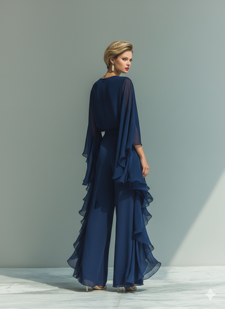 Ghislaine | Ensemble Chiffon Bleu Marine à Volants