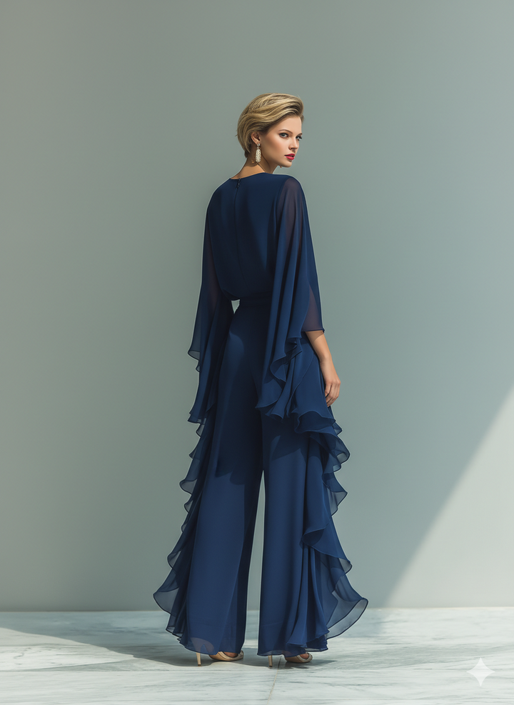 Ghislaine | Ensemble Chiffon Bleu Marine à Volants