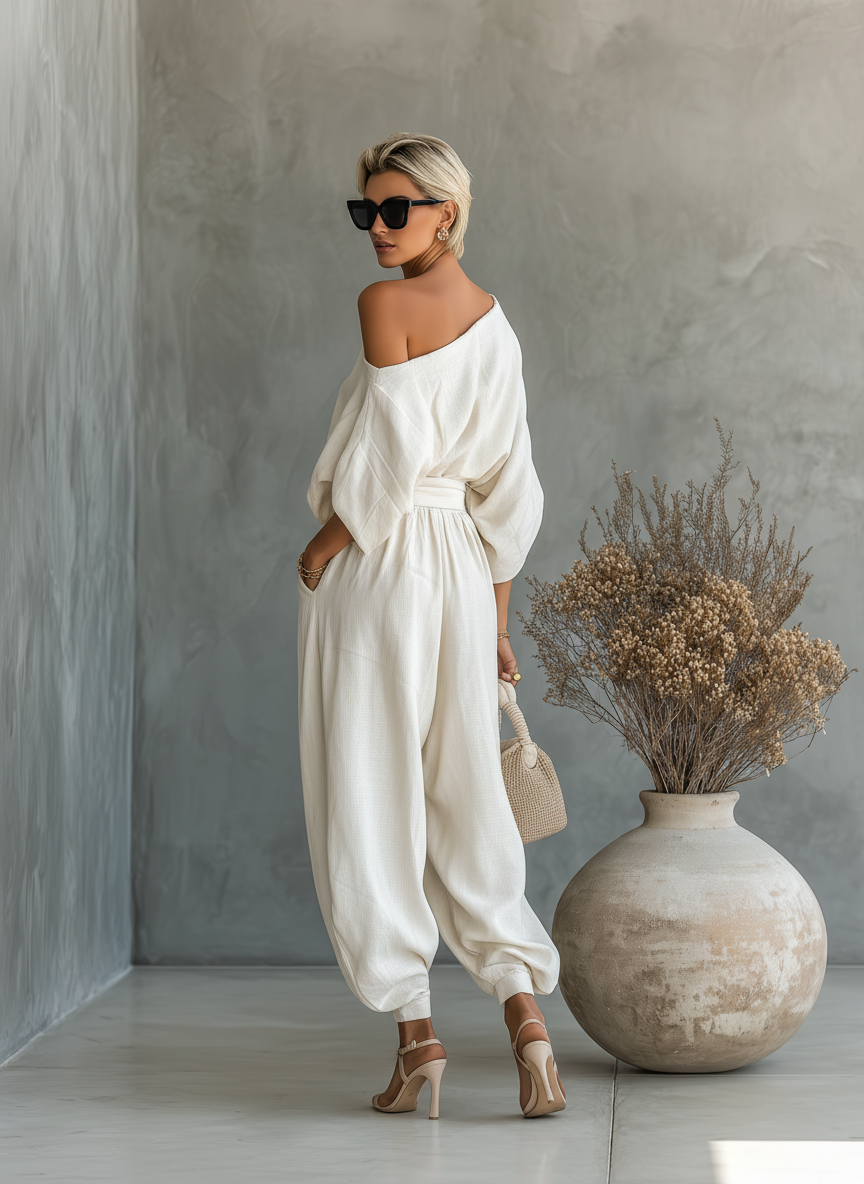Renée | Ensemble Lin Off-Shoulder Pantalon
