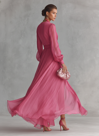 Amélie | Robe Chiffon Perlé Col V Rose
