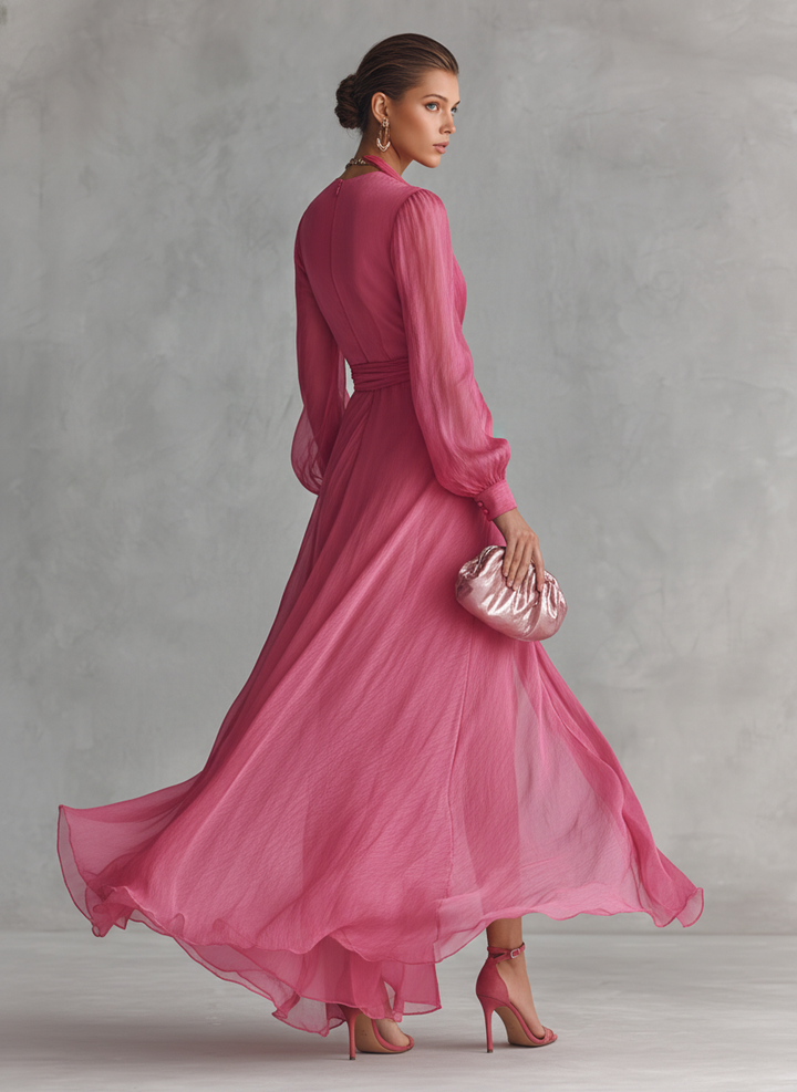 Amélie | Robe Chiffon Perlé Col V Rose