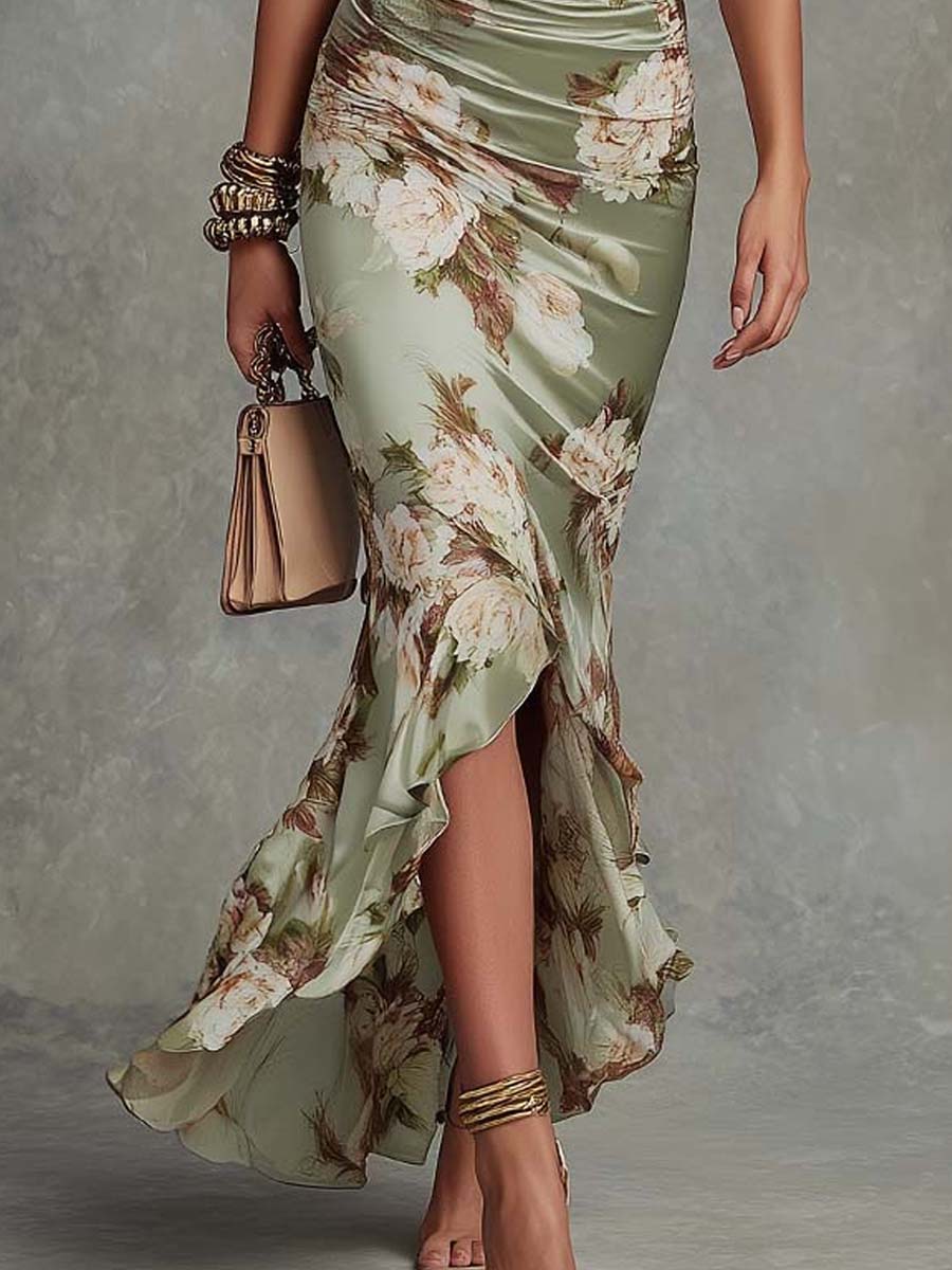 Anastasia | Robe longue asymétrique en satin floral