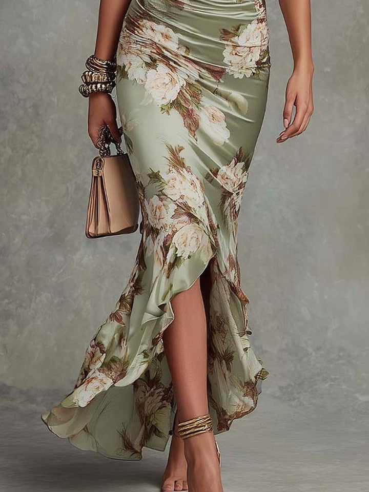 Anastasia | Robe longue asymétrique en satin floral