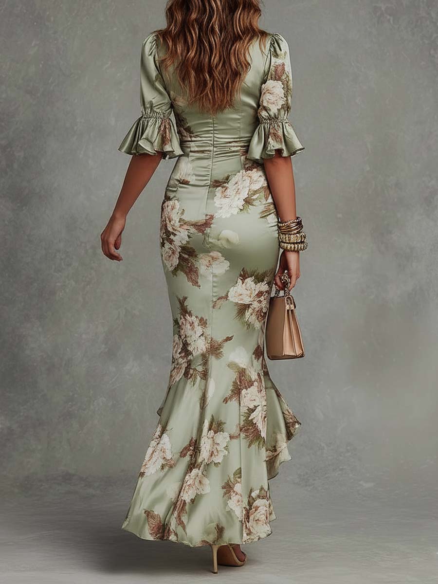 Anastasia | Robe longue asymétrique en satin floral
