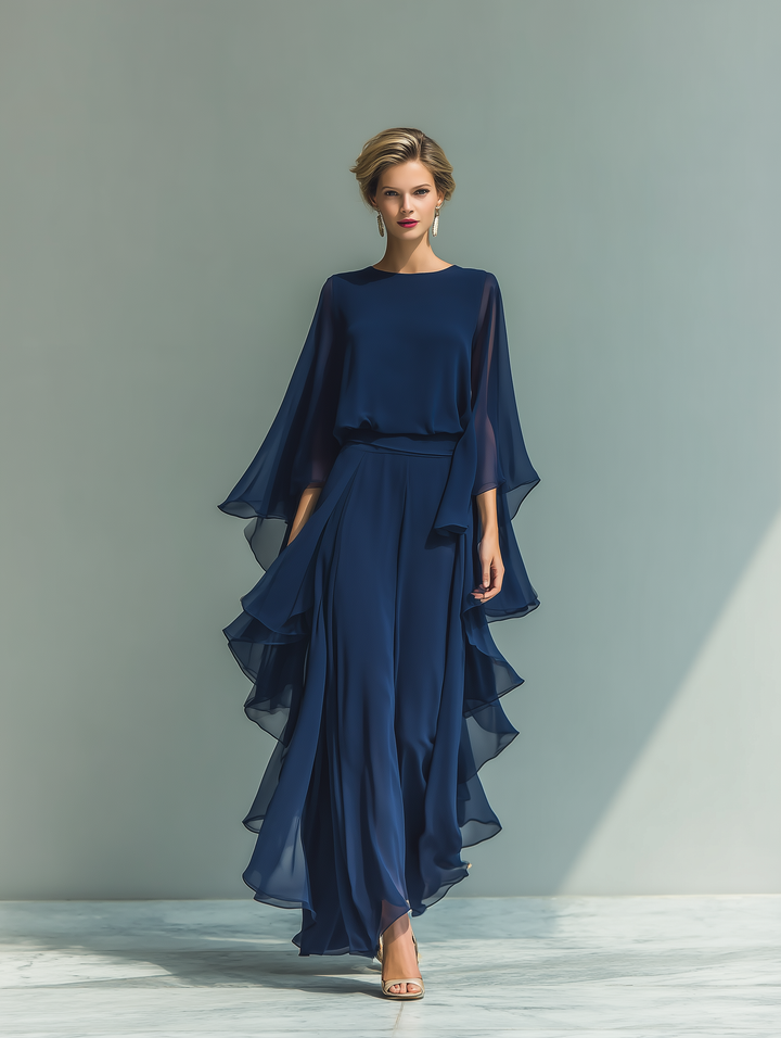 Ghislaine | Ensemble Chiffon Bleu Marine à Volants