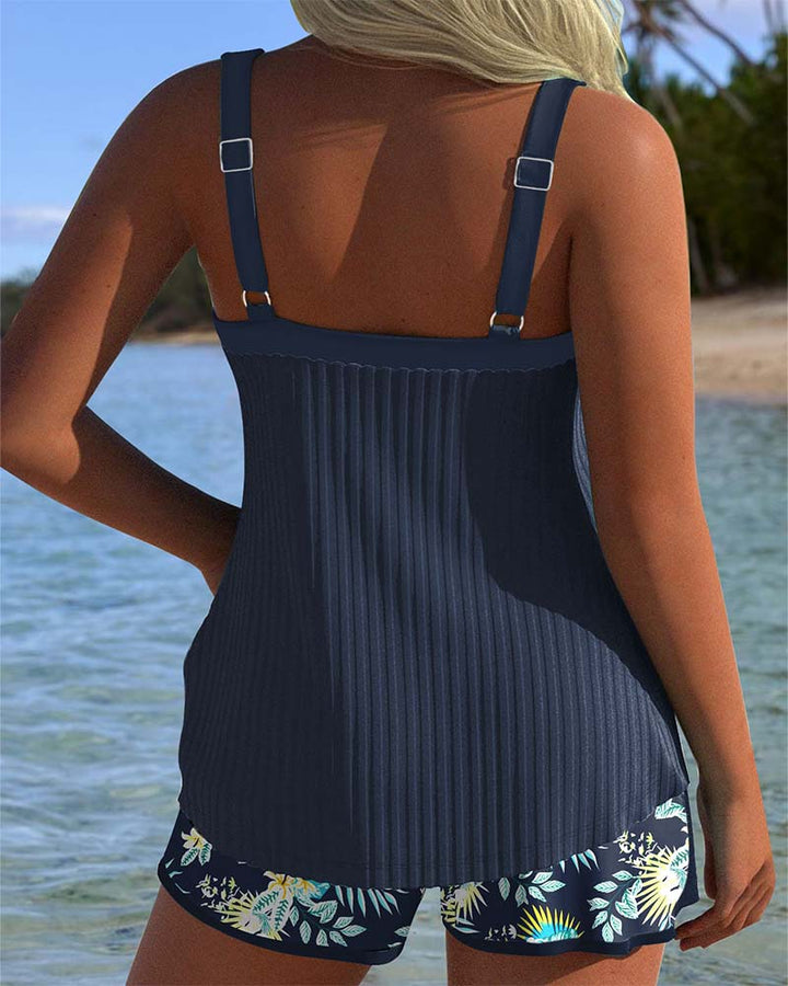 Céleste | Ensemble Tankini Rayé avec Short de Plage