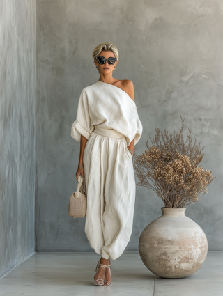 Renée | Ensemble Lin Off-Shoulder Pantalon