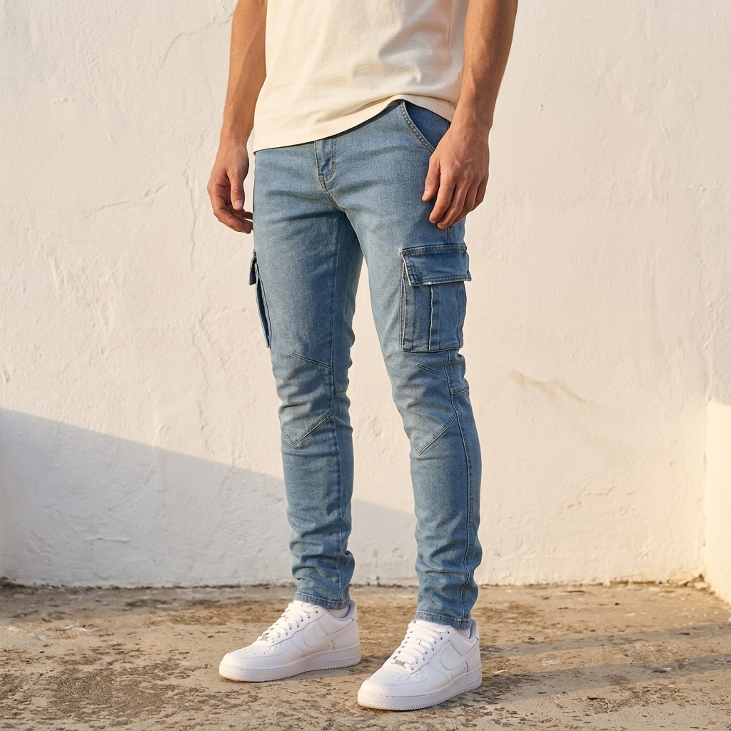 Pantalon cargo en denim bleu clair porté, vue de trois quarts