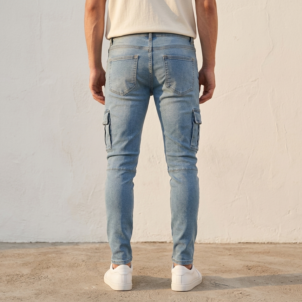 Pantalon cargo en denim bleu clair porté, vue de dos