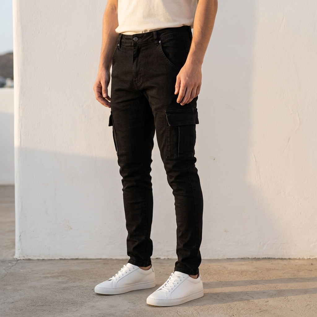 Pantalon cargo en denim noir porté, vue de trois quarts