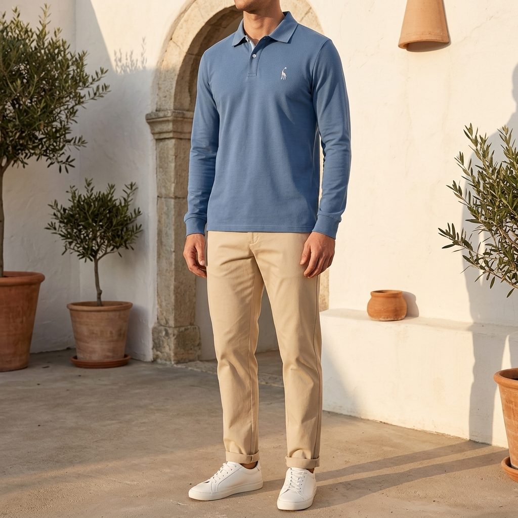 Polo manches longues bleu porté, vue de face
