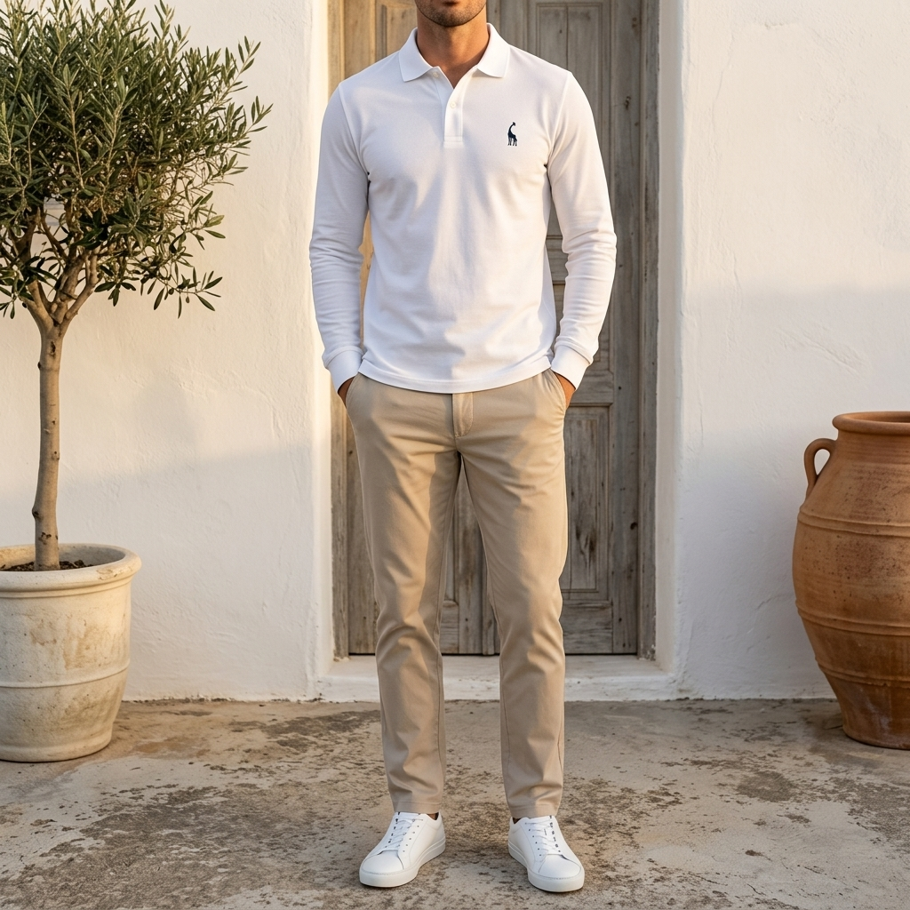 Polo manches longues blanc porté, vue de face