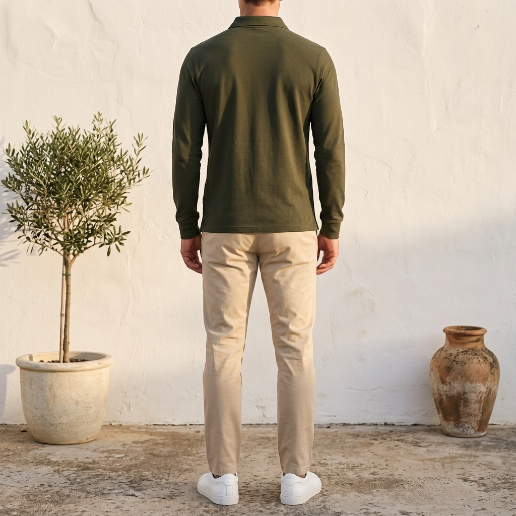 Polo manches longues kaki porté, vue de dos